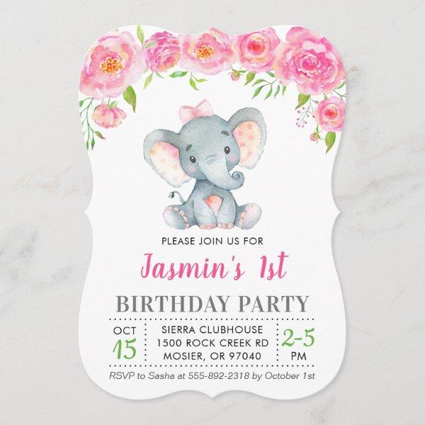 1st First Birthday Girl Floral Pink Elephant Party