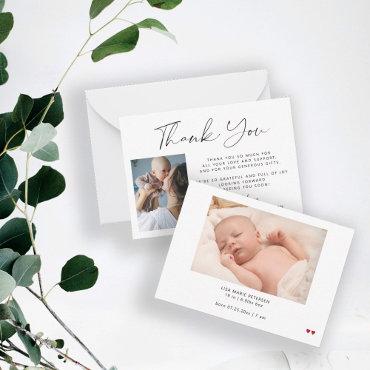 2 baby photos simple elegant script thank you note card