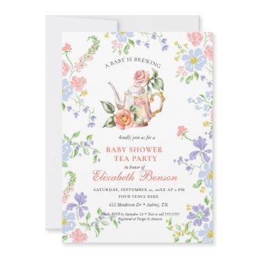 A Baby is Brewing Blush Flower Baby Shower Tea Inv