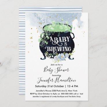 a baby is brewing Halloween Baby Shower Blue Invitation