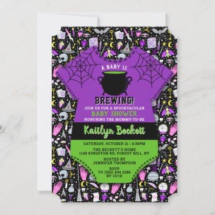 "A Baby Is Brewing" Modern Halloween Baby Shower Invitation