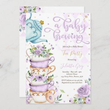 A Baby Is Brewing Tea Party Baby Shower Lilac Rose Invitation