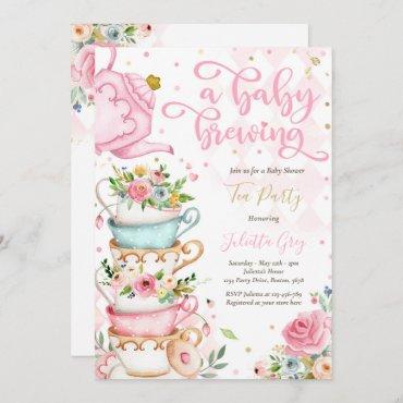 A Baby Is Brewing Tea Party Baby Shower Pink Roses Invitation