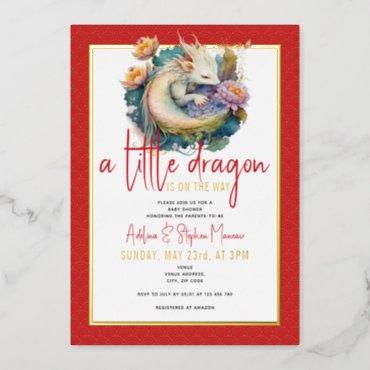 A Little Dragon Is On The Way Red Baby Shower Foil