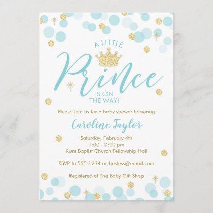 A Little Prince Baby Shower Blue Gold Glitter Invitation
