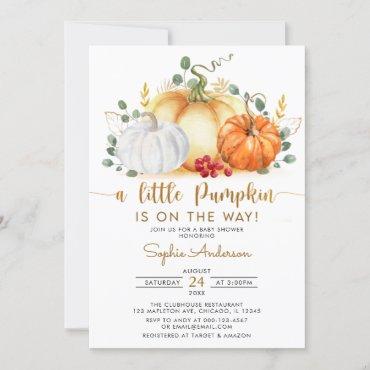 A Little Pumpkin Gold Glitters Fall Baby Shower Invitation