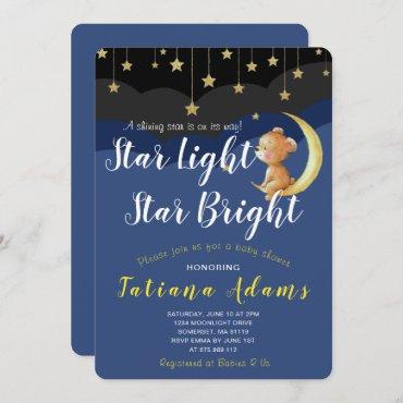 A Newborn Star Night Sky Bear On Moon Baby Shower Invitation
