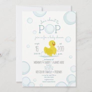 About To Pop Rubber Duck Bubbles Blue Baby Shower Invitation