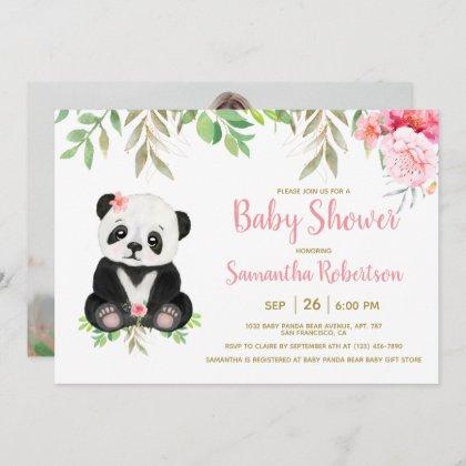 Adorable Bear Blush Pink Floral Baby Shower Photo Invitation