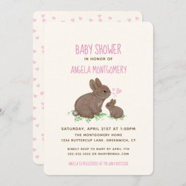 Adorable Bunnies with Hearts Girl Baby Shower Invitation