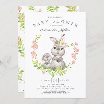 Adorable Mom & Baby Bunny Girls Baby Shower Invitation