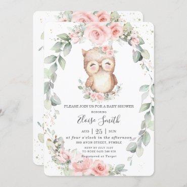 Adorable Owl Pink Floral Greenery Baby Shower