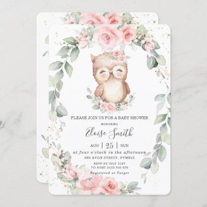Adorable Owl Pink Floral Greenery Baby Shower  Invitation