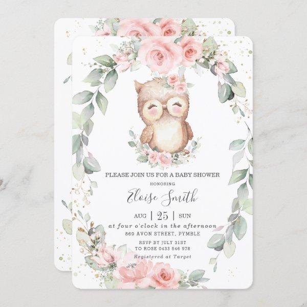 Adorable Owl Pink Floral Greenery Baby Shower