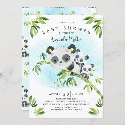 Adorable Panda Bears Twins Baby Shower Invitation