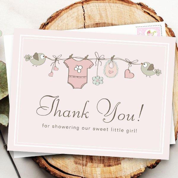 Adorable Pink Clothesline | Baby Shower Thank You Postcard