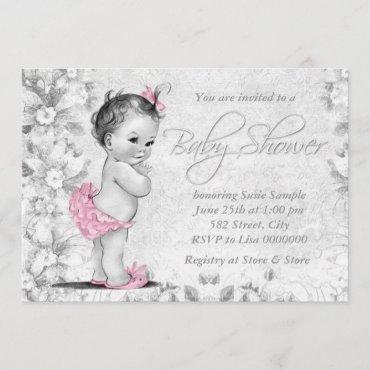 Adorable Vintage Pink and Gray Baby Shower Invitation