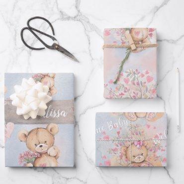 Adorable Watercolor Pink Teddy Bears and Flowers Wrapping Paper Sheets