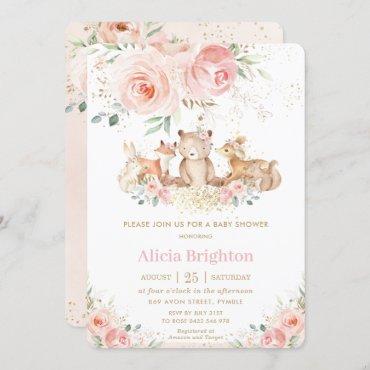 Adorable Woodland Blush Floral Girly Baby Shower Invitation