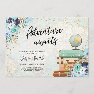 Adventure Awaits Blue Floral Travel Baby Shower Invitation