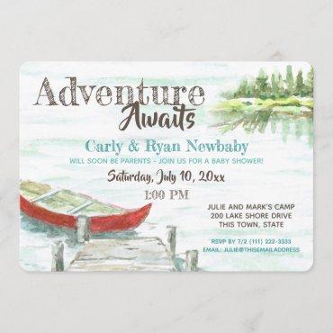Adventure Awaits Lake and Canoe Baby Shower Invitation