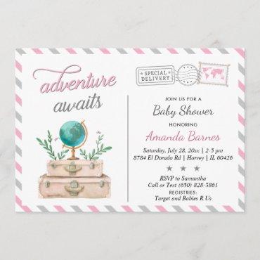 Adventure Awaits Travel Baby Girl Shower Pink Gray Invitation