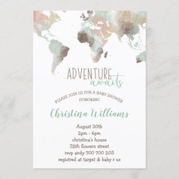 Adventure Awaits Watercolor World Map Baby Shower Invitation