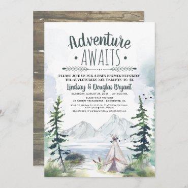 Adventure Awaits Woodsy Mountains Baby Shower Invitation