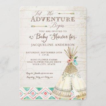 Adventure Baby Shower Girl Teepee Wood Arrows Art Invitation