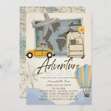 Adventure Begins Travel Map Baby Shower  Invitation