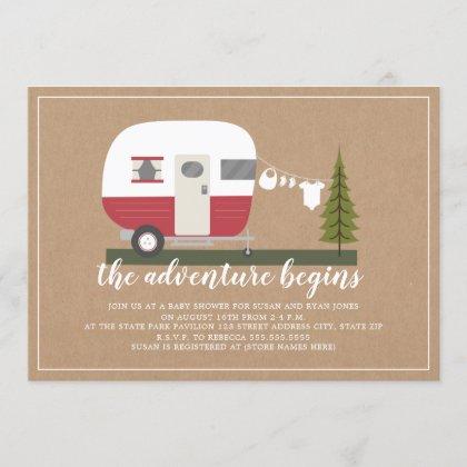 Adventure Red Trailer Camper Woodland Baby Shower Invitation