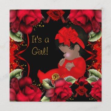 African American Baby Shower Girl Red Rose Invitation