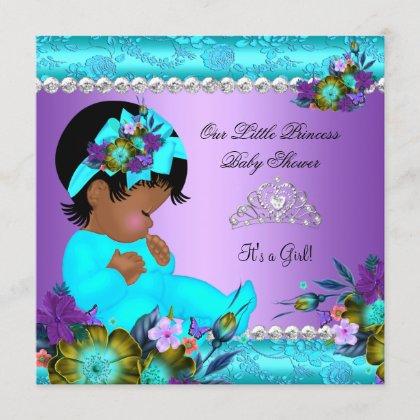 African American Baby Shower Girl Teal Purple Invitation