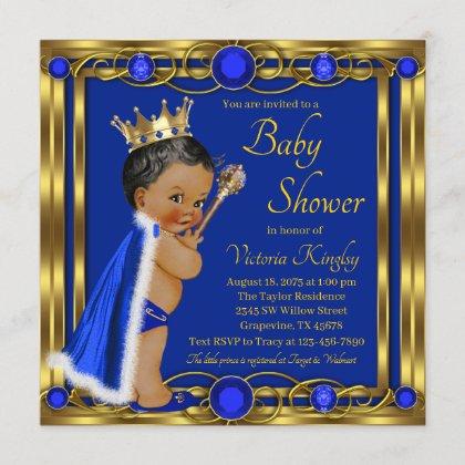African American Blue Gold Prince Baby Shower Invitation