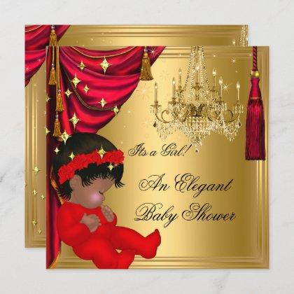African American Girl Baby Shower Red Gold Invitation