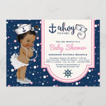 African American Girl Nautical Baby Shower Invitation