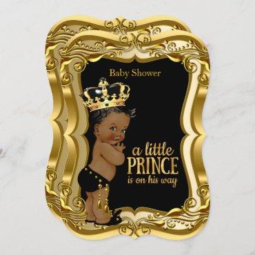 African American Prince Baby Shower Black Gold Invitation