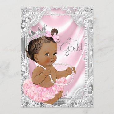 African American Princess Pink Gray Baby Shower Invitation