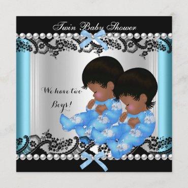 African American Twin Boys Baby Shower Blue 2 Invitation