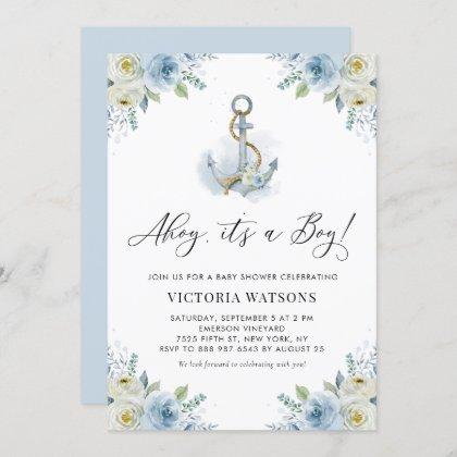 Ahoy It's a Boy Anchor Floral Nautical Baby Shower Invitation