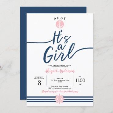 Ahoy, it's a Girl, Nautical, Baby Girl Shower Invitation