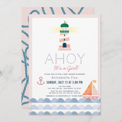 Ahoy It's a Girl Nautical Pink Girl Baby Shower Invitation