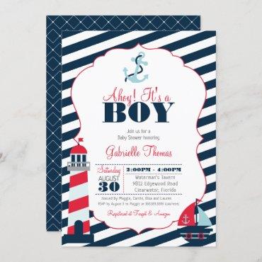 Ahoy Nautical Red Navy Stripe Boy Baby Shower Invitation