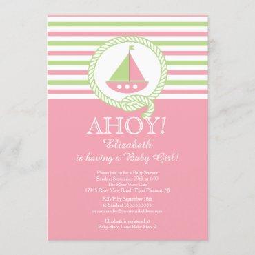Ahoy Sailboat Nautical Girl Baby Shower Invitation