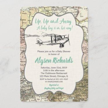 Airplane baby shower invitations boy vintage map