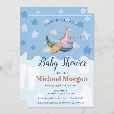 Airplane Dino Clouds It's a BOY Baby Shower  Invitation