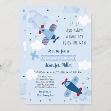 Airplane Stars Clouds Boy Baby Shower Invitation