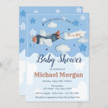 Airplane Stars Clouds It's a BOY Baby Shower Invitation