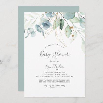 Airy Greenery and Gold Leaf Baby Shower Invitation