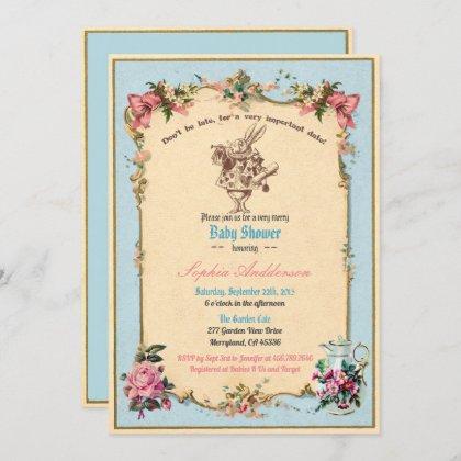 Alice in Wonderland Baby Shower Sip and See blue Invitation